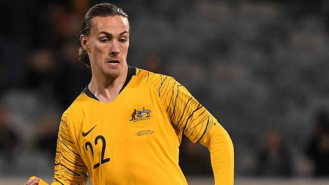 Jackson Irvine of Australia in action during the FIFA World Cup Asian Qualifiers match between the Australian Socceroos and Nepal at GIO Stadium in Canberra, Thursday, October 10, 2019. (AAP Image/James Gourley) NO ARCHIVING, EDITORIAL USE ONLY.