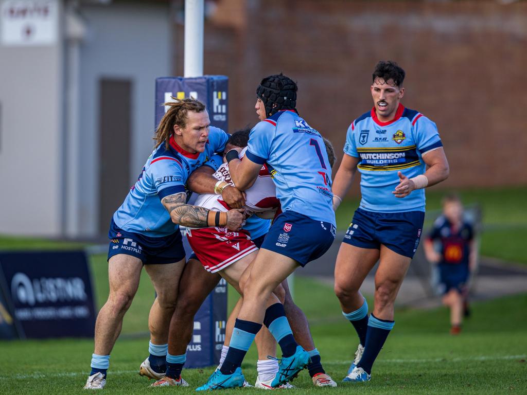 Blake Lenehan (left) and Esom Ioka. Western Clydesdales vs Redcliffe Dolphins, Hostplus Cup, May 4 2024. Picture: Benny Hassum Photography