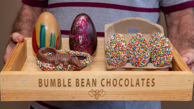 Leo Cleanthous gets ready for Easter at Bumble Bean Chocolates factory at Stuart Park, Darwin. Picture: Pema Tamang Pakhrin