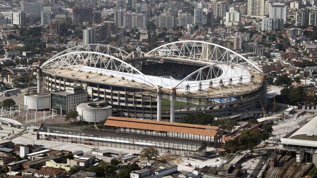 Aerial view of the Nilton Santos Olympic Stadium works for the Rio 2016 Olympic Games.