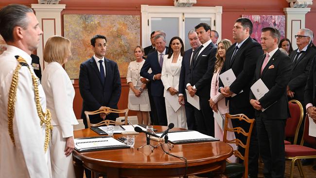 Premier David Crisafulli has his first ministry is sworn in by Governor of Queensland Dr Jeannette Young AC PSM, at Government House, Brisbane. Picture: Lyndon Mechielsen / Courier Mail