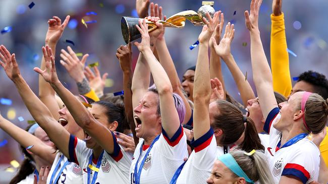 USA players celebrate winning the Women’s World Cup in France last year. Picture: Getty Images