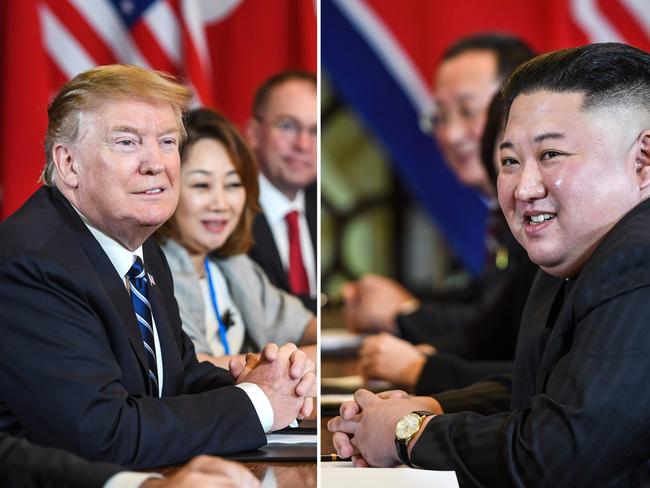 US President Donald Trump, left, and North Korea's leader Kim Jong Un, right, smiling during the second US-North Korea summit at the Sofitel Legend Metropole hotel in Hanoi. Picture: AFP