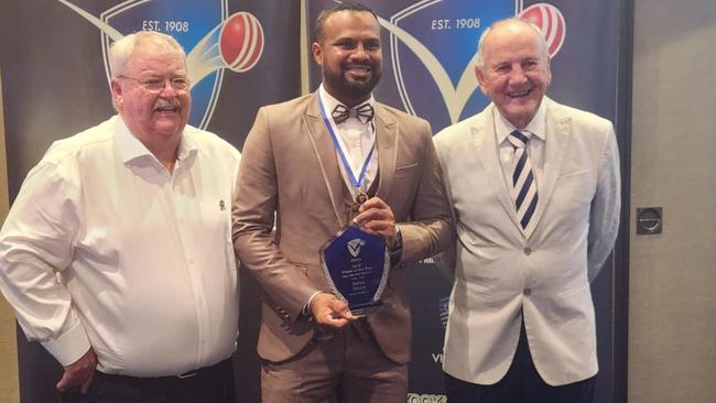 Noble Park stalwart Craig Ortland, Holten Medallist Sahan Perera and VSDCA chairman Phil O'Meara.