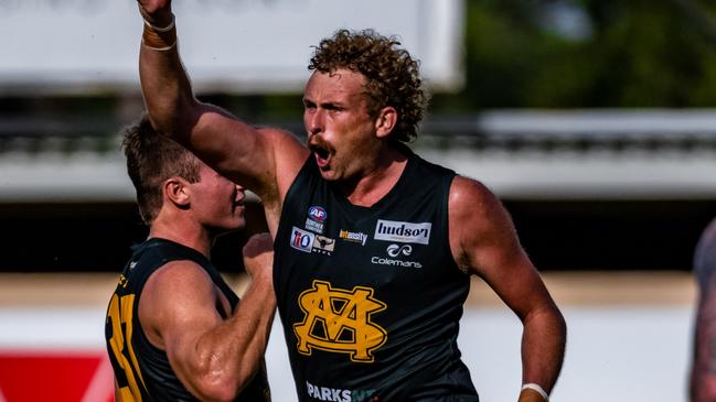 St Mary's forward Jackson Calder celebrates a goal in the 2022-23 NTFL semi finals. PIcture: Patch Clapp / AFLNT Media