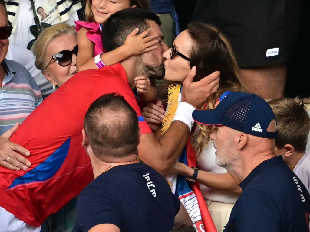 Djokovic celebrates with his family in the crowd after beating Spain's Carlos Alcaraz in their men's singles final match. Picture: Miguel Medina/AFP