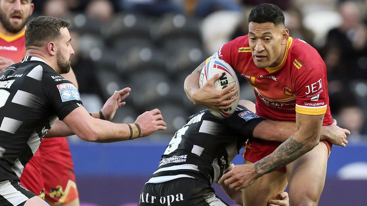 Catalans Dragons' Israel Folau takes on the Hull defence.