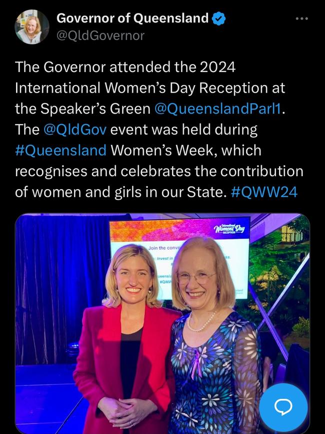 Queensland governor Jeannette Young and Health Minister Shannon Fentiman at the government's Women's Week event at parliament. Picture: Twitter