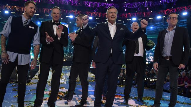 Dane Swan, Sam Newman, Brendan Fevola, Eddie McGuire, Billy Brownless and Damian Barrett farewelled viewers last year. Picture: Channel 9