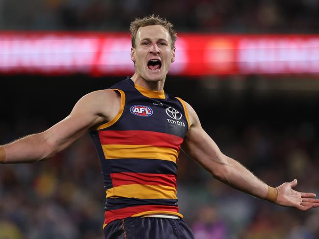 Jordan Dawson celebrates his last-quarter goal.