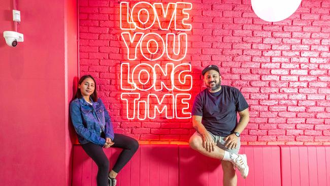 Bowyo Muangsong and Yianni Passaris at Ping Pong, which has been painted entirely pink with fun neon signs and a secret space at the back. Picture: Richard Walker