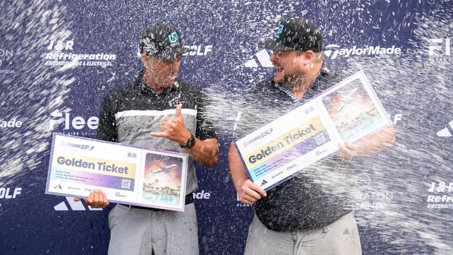 Fat Boy Slim partners Mark Lawson + Luke Culbert celebrating the round 2 win of Survivor Golf Series at Clifton Springs, Victoria. Picture: KIAH LUCEY