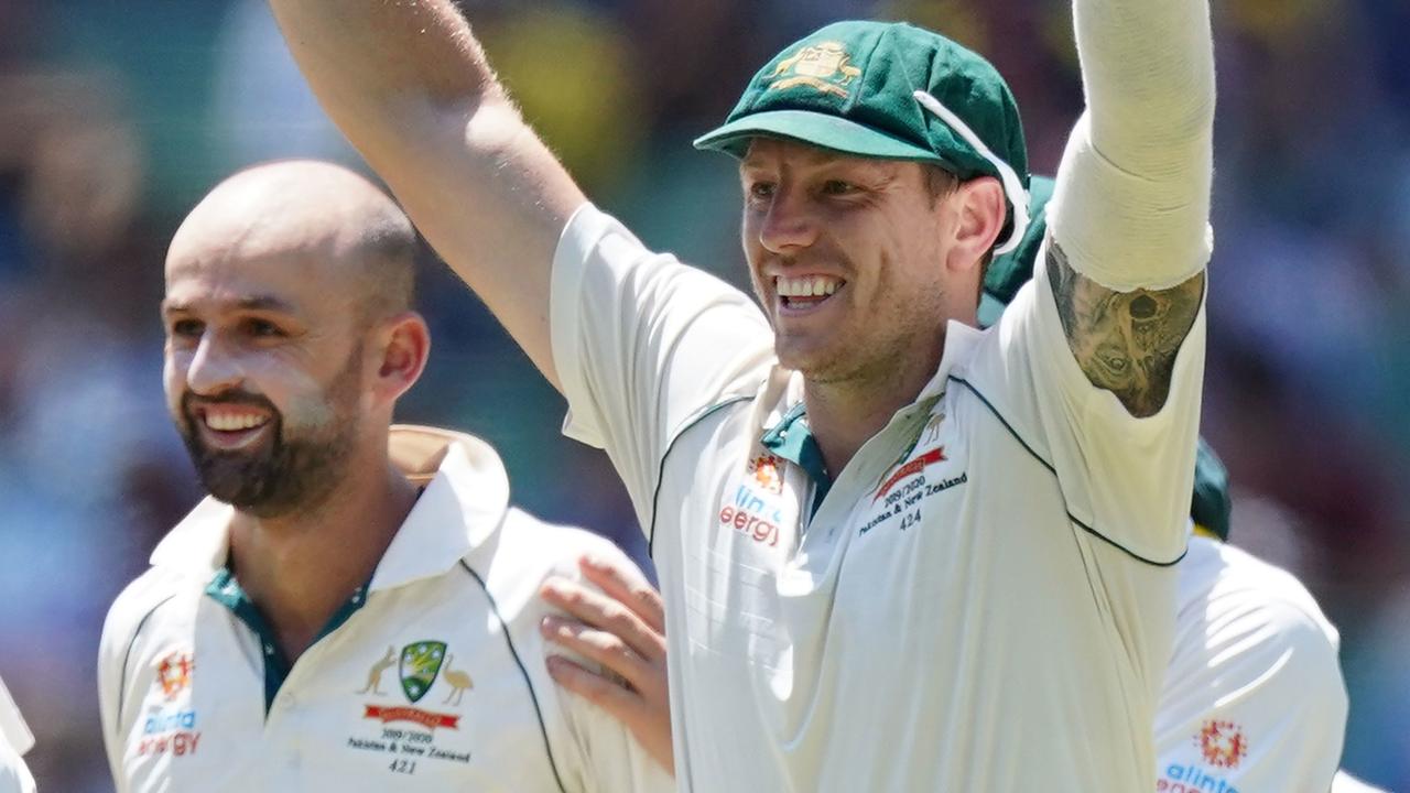 James Pattinson of Australia celebrates after Tim Paine of Australia stumped Henry Nicholls of New Zealand from the bowling of Nathan Lyon of Australia on day 4 of the Boxing Day Test match between Australia and New Zealand at the MCG in Melbourne, Sunday, December 29, 2019. (AAP Image/Scott Barbour)