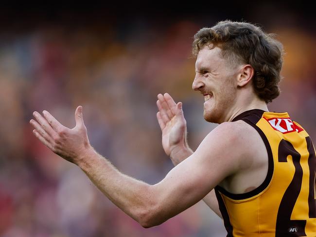 MELBOURNE, AUSTRALIA - AUGUST 20: Denver Grainger-Barras of the Hawks celebrates a goal during the 2023 AFL Round 23 match between the Melbourne Demons and the Hawthorn Hawks at Melbourne Cricket Ground on August 20, 2023 in Melbourne, Australia. (Photo by Dylan Burns/AFL Photos via Getty Images)