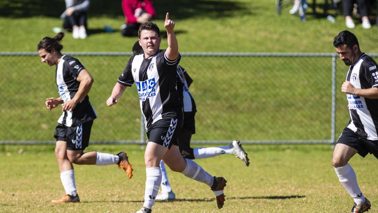 Kieran Antell of Willowburn gestures to teammates after Willowburn scored against West Wanderers in U23 men FQ Darling Downs Presidents Cup football at West Wanderers, Sunday, July 24, 2022. Picture: Kevin Farmer