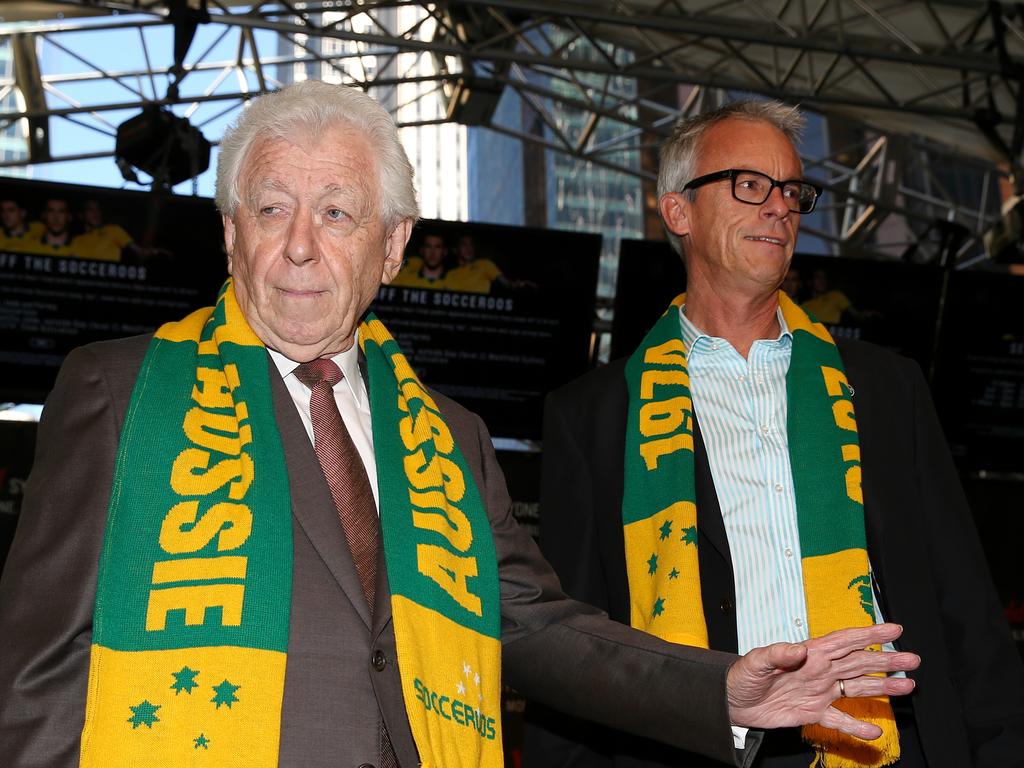 Frank Lowy (L) with former FFA CEO David Gallop (R), two of the men who helped secure the Women’s World Cup to Australia and New Zealand. Picture: George Salpigtidis.