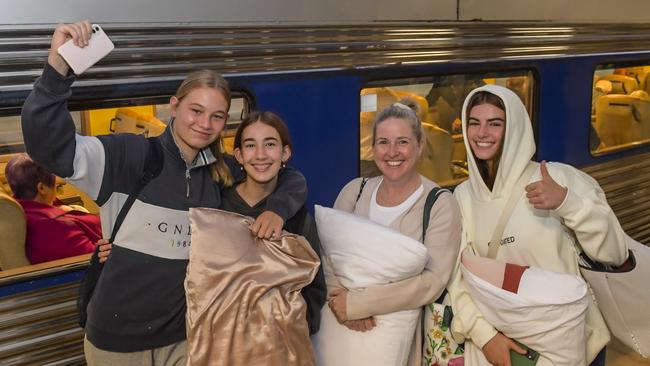 (L-R) Macey Wilson, Maddie Townsend, Rebecca Townsend and Charlotte Townsend ready to board the Overland train to Melbourne. Picture: Roy VanDerVegt