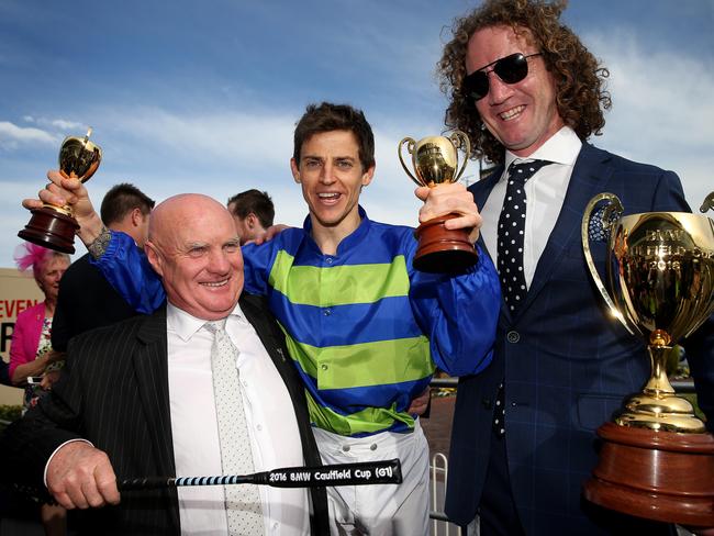 The gang’s all here: Ciaron Maher, jockey Nicholas Hall and principal owner Colin McKenna. Picture: Colleen Petch