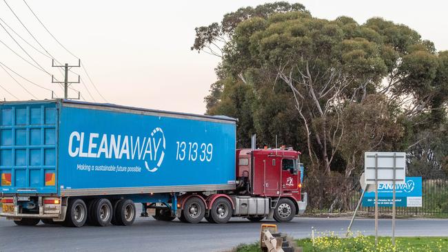 Trucks entering Cleanaway Ravenhall site. Picture: Jason Edwards.