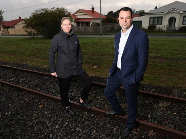 Labor MLC for Elwick Josh Willie and Downton Property principal Nat Downton on the disused rail corridor, as Labor calls on the State Government to make a start on its promised passenger rail service to Hobart’s northern suburbs. Picture: ZAK SIMMONDS