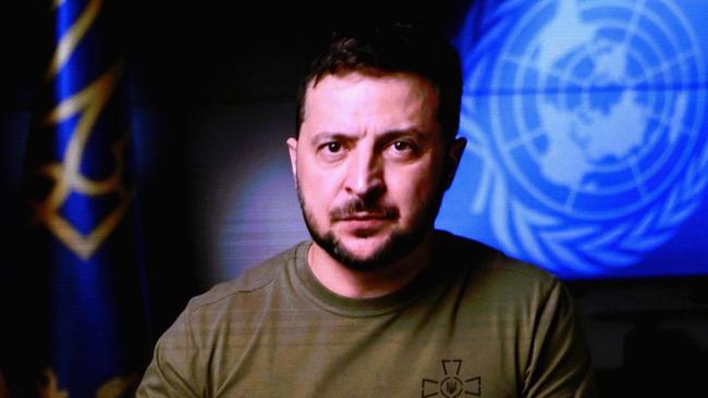 Ukrainian President Volodymyr Zelensky is seen on a screen as he remotely addresses the 77th session of the United Nations General Assembly at the UN headquarters in New York City on September 21, 2022. Picture: AFP