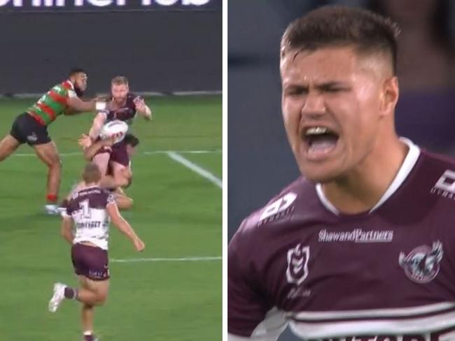 The Sea Eagles weren't happy this was called forward. Photo: Fox Sports