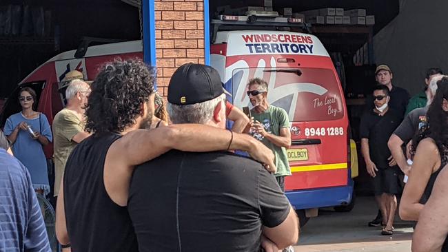 Anti-mandate and anti-vaccination demonstrators rallied at Windscreens Territory, Coconut Grove on Monday January 10, after it was shut down for not complying with the chief health officer’s directions. Picture: Zizi Averill