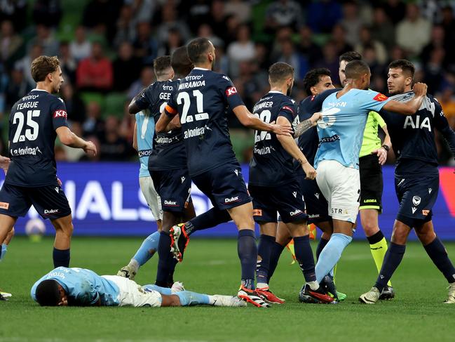 Tensions overflowed during the game. Picture: Getty Images