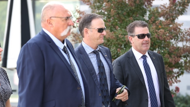 Australian cricketing legends Merv Hughes, Mark Waugh and Mark Taylor arriving earlier in the day. Picture: David Caird