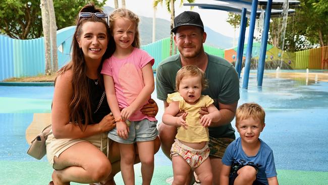 Kellie and Hadley Tomamichel with their children Lacie (5), Aaliyah (1) and Carter (3) are travelling through FNQ in their van but will head inland soon as they cannot find available accommodation along the coastline heading into school holidays. Picture: Isaac McCarthy