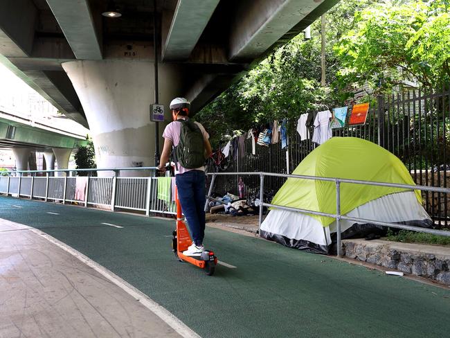 Homeless tent and rough living is occurring along the Bicentennial Bikeway from Victoria Bridge though to William Jolly Bridge. Brisbane Wednesday 13th March 2024 Picture David Clark