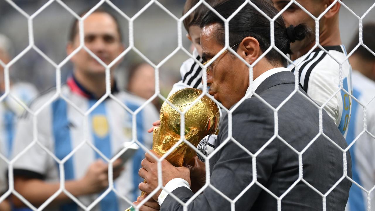 Nusret Goekce, nicknamed Salt Bae, kisses the FIFA World Cup Trophy. Picture: Getty Images