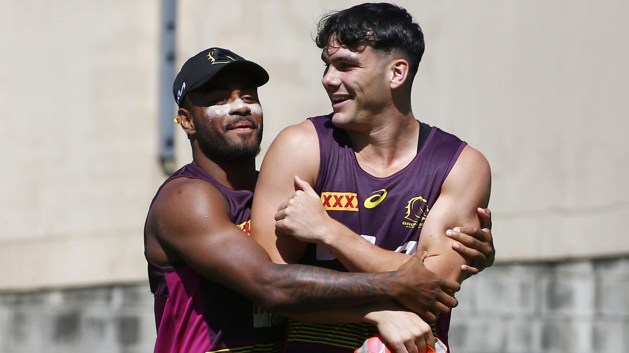 Ezra Mam and Herbie Farnworth during the Broncos training session at Red Hill. Picture: Tertius Pickard