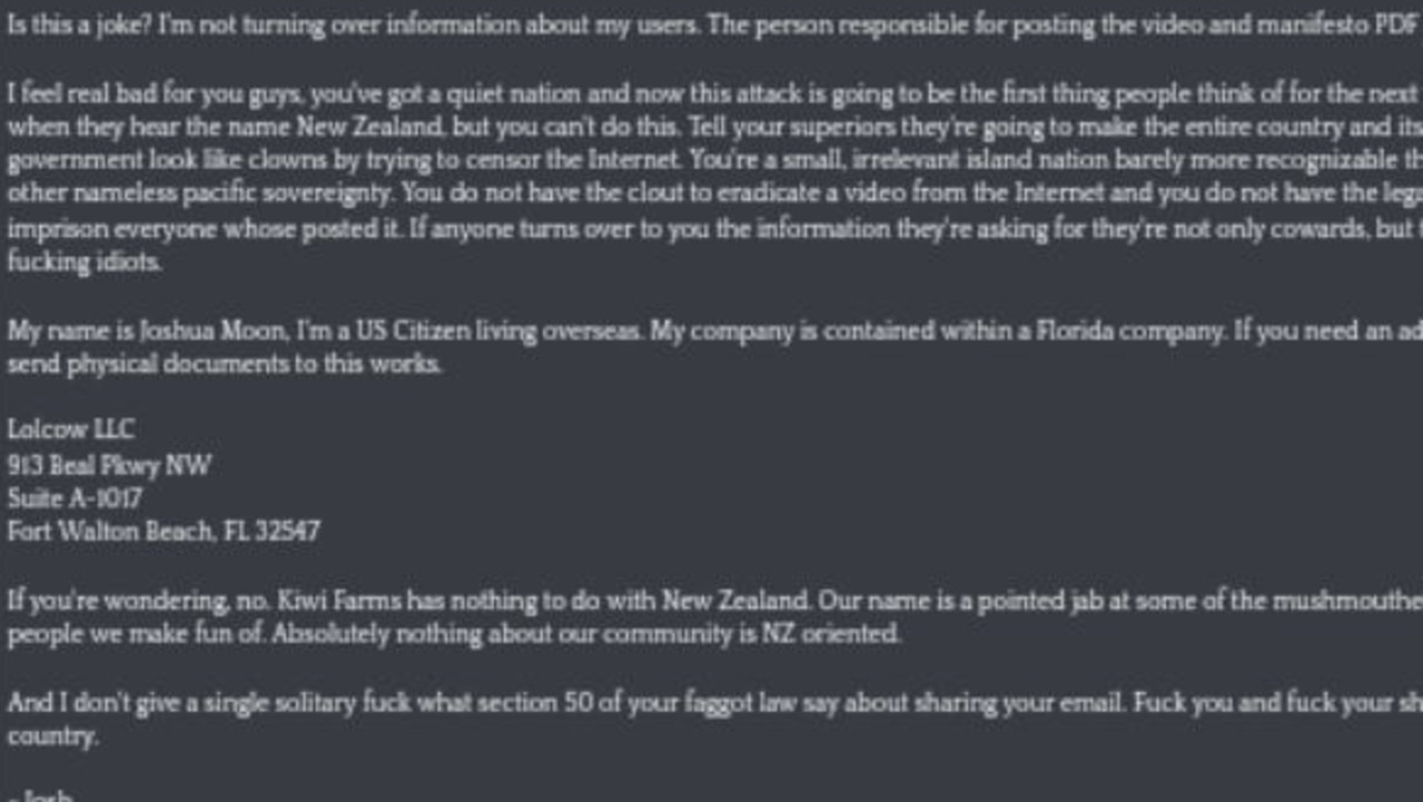 Joshua Moon’s foul-mouthed rant at Christchurch Police Detective Senior Sergeant John Michaels. Picture: Kiwi Farms