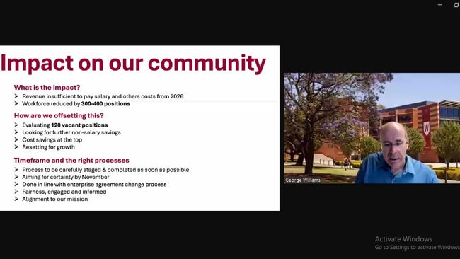 Screenshots from a staff briefing on Western Sydney University’s financial position in April.