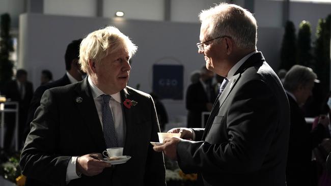 Boris Johnson, left and Scott Morrison in Rome on October 30. Picture: Adam Taylor