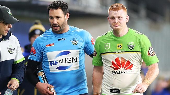 Raw emotion: Raiders enforcer Corey Horsburgh leaves the field in tears after suffering an injury. Picture: Getty Images.