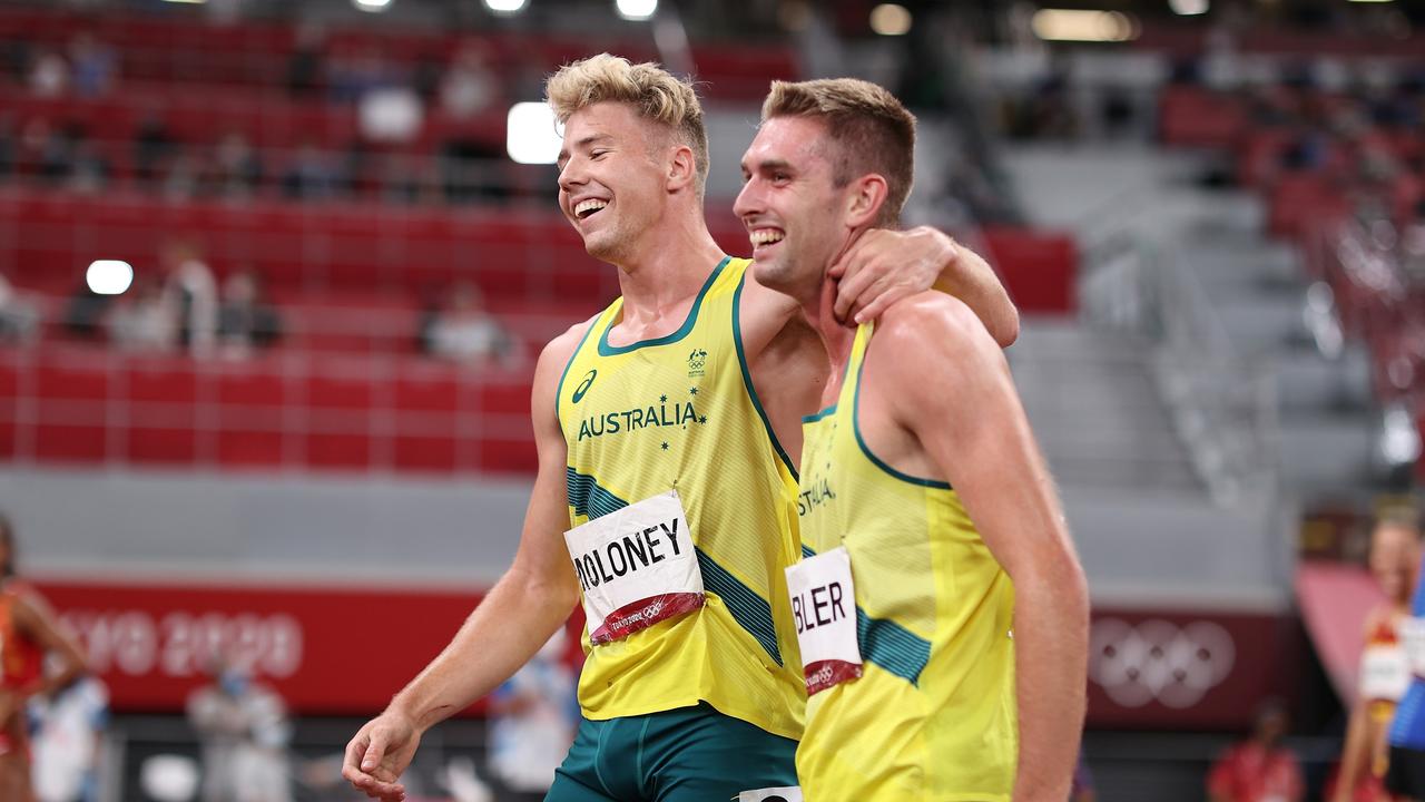 TOKYO, JAPAN - AUGUST 05: Ashley Moloney of Team Australia reacts after winning the bronze medal in the Men's Decathlon with teammate Cedric Dubler of Team Australia on day thirteen of the Tokyo 2020 Olympic Games at Olympic Stadium on August 05, 2021 in Tokyo, Japan. (Photo by Cameron Spencer/Getty Images)