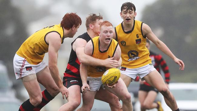 Bryce Walsh tackles Jack Rushton (North Launceston) in their TSL clash earlier this season. Picture Nikki Davis-Jones