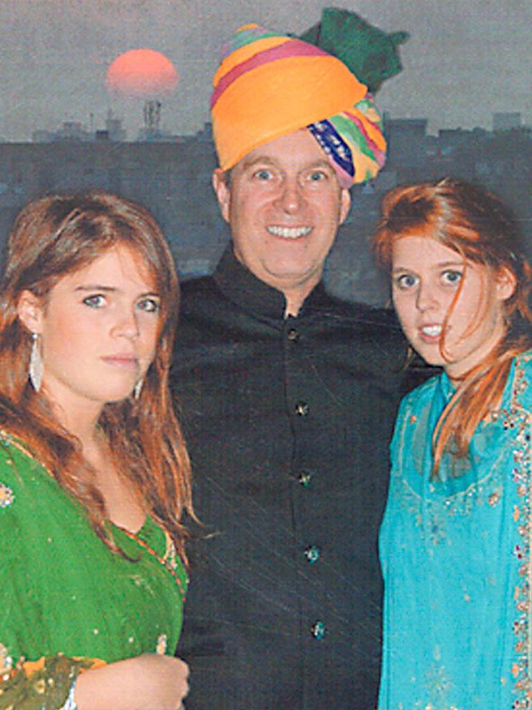 Prince Andrew with his daughters on holiday in India. Picture: Supplied