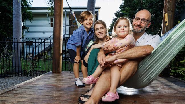 Leah Mosels and Clement Lege with their children Hugo, 7 and Olivia, 6 who are moving into the Whites Hill State College due to the French program. Picture Lachie Millard