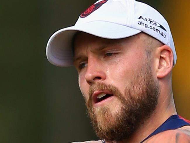 MELBOURNE, AUSTRALIA - FEBRUARY 23: Nathan Jones of the Demons marks during a Melbourne Demons AFL training session at AAMI Park on February 23, 2016 in Melbourne, Australia. (Photo by Quinn Rooney/Getty Images)