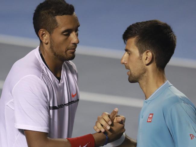 ACAPULCO, MEXICO - MARCH 02:  Novak Djokovic of Serbia snakes hands with Nick Kyrgios of Australia after losing the match as part of the Abierto Mexicano Telcel 2017 at the Fairmont Acapulco Princess on March 02, 2017 in Acapulco, Mexico. (Photo by Miguel Tovar/LatinContent via Getty Images)