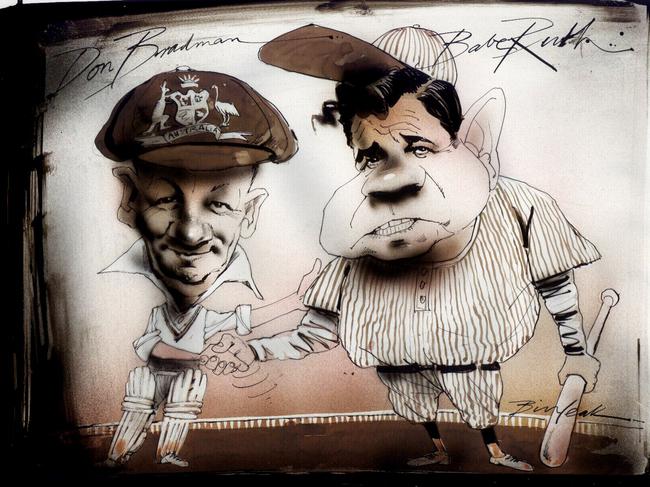 Caricature of Don Bradman and baseball player Babe (George Herman) Ruth. Artwork: Bill Leak