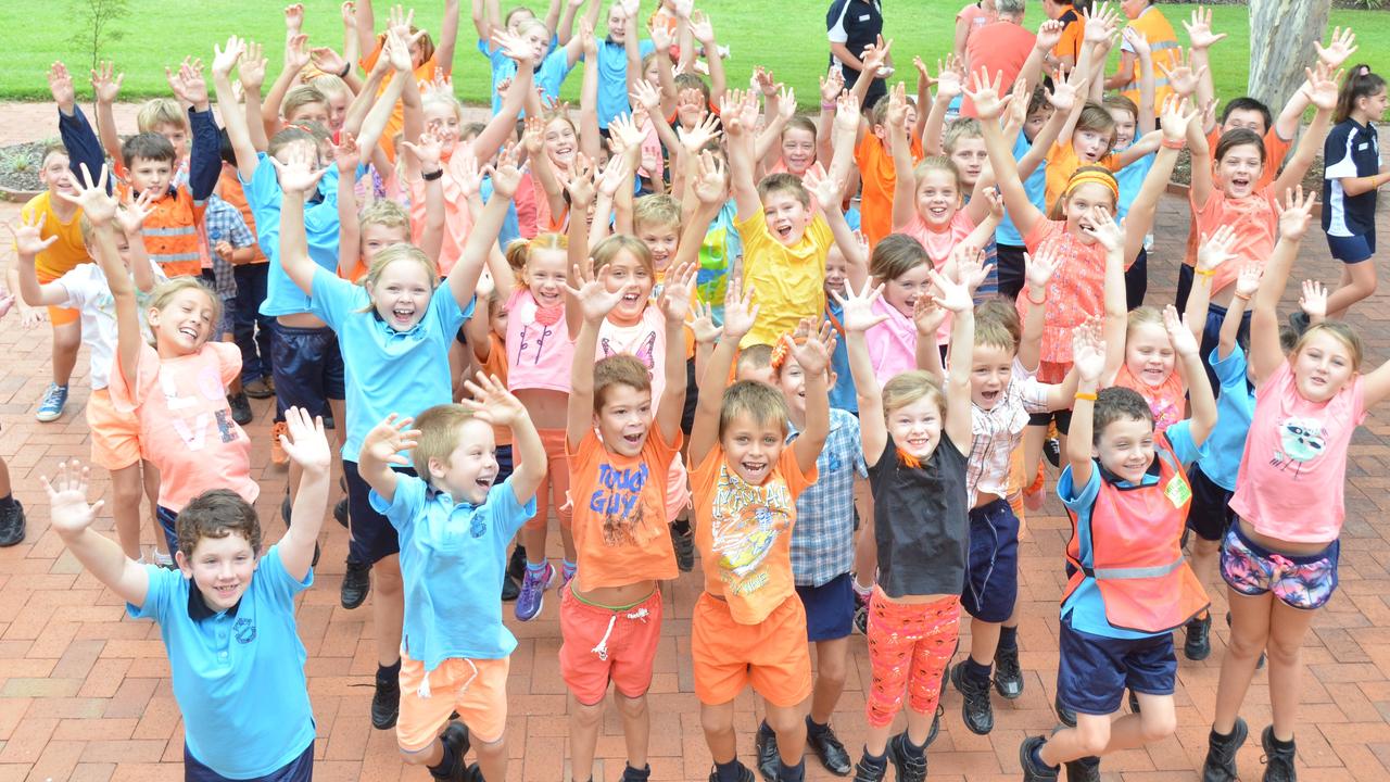 JUMPING INTO ACTION: Prep and grade 1 students showing their support for the MARK Foundation and anti bullying on St Joseph's Day. Photo Adam McCleery/ Central and North Burnett Times