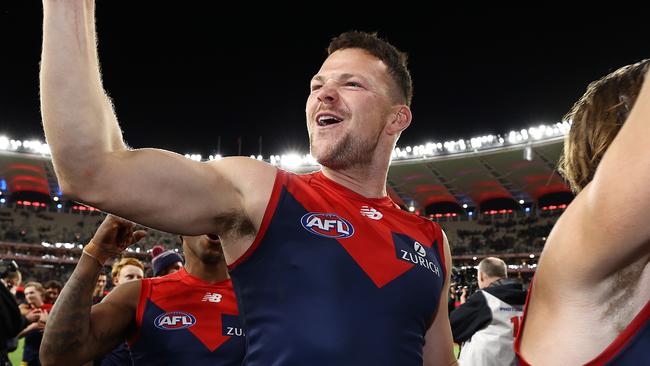 Perth - September 10 2021: AFL Preliminary Final . Melbourne vs Geelong at Optus Stadium, Perth.   Steven May of the Demons  after tonights win over Geelong     . Photo by Michael Klein