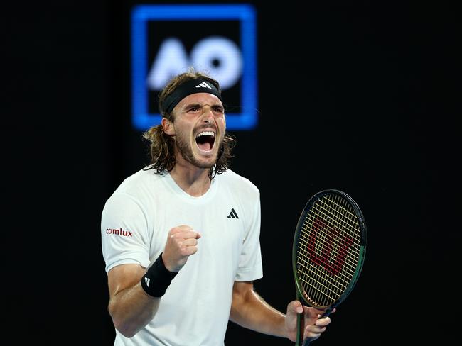 MELBOURNE, AUSTRALIA - JANUARY 24: Stefanos Tsitsipas of Greece celebrates set point in the quarterfinals singles match against Jiri Lehecka of Czech Republic during day nine of the 2023 Australian Open at Melbourne Park on January 24, 2023 in Melbourne, Australia. (Photo by Graham Denholm/Getty Images) *** BESTPIX ***