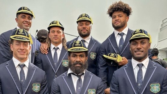 Wallabies players with Fijian heritage (L-R) Mark Nawaqanitawase, Langi Gleeson, Issak Fines-Leleiwasa, Marika Koroibete, Samu Kerevi, Rob Valetini, Suliasi Vunivalu. CREDIT:INSTAGRAM