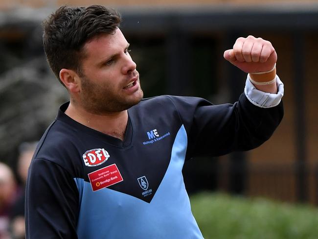 Josh Pound of Aberfeldie reacts after kicking a goal during the EDFL footy preliminary final, at Windy Hill Oval, Essendon, Sunday, September 15, 2019. EDFL footy: Aberfeldie v Strathmore. (AAP Image/James Ross) NO ARCHIVING