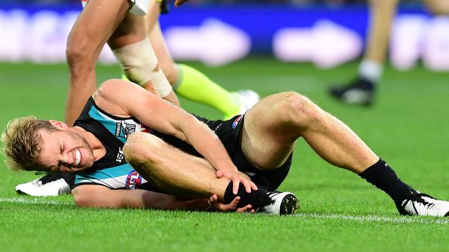 Jack Watts’ last game ended with a horrific leg injury against Ca in Round 2, 2019, against Carlton. Picture: Mark Brake/Getty Images